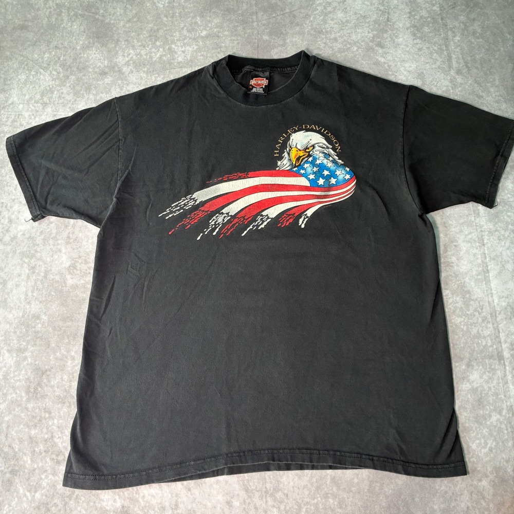 Vintage 1997 Harley-Davidson Eagle Flag T-Shirt XL Hawk-I Iowa Faded Black USA